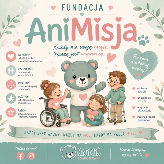 Plakat Fundacji AniMisja — maskotka miś AniMiś z dziećmi, hasło „Każdy jest ważny. Każdy ma moc. Każdy ma swoją misję.”